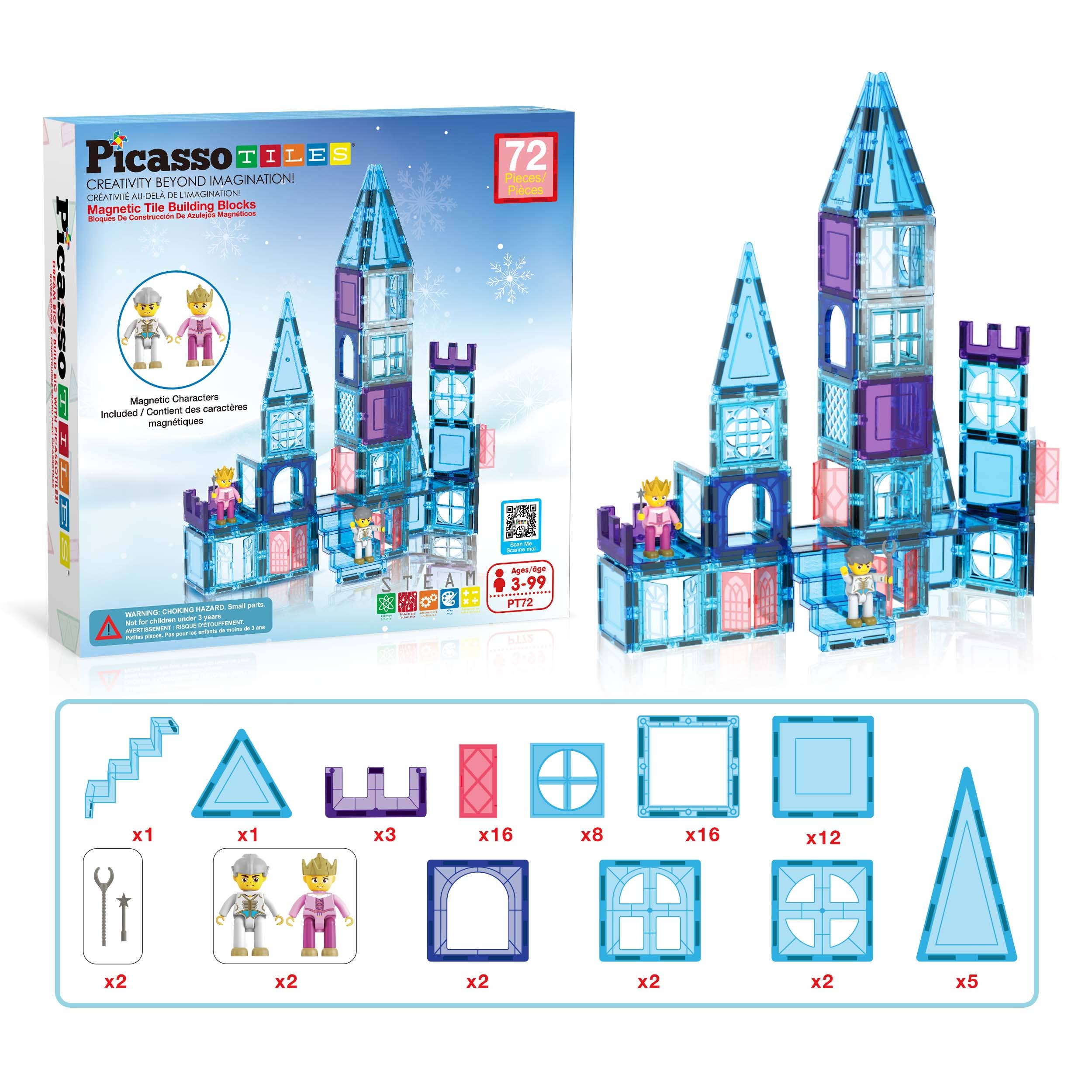 PicassoTiles - 72 Piece Magnetic Building Tiles Castle Winter Ice Theme