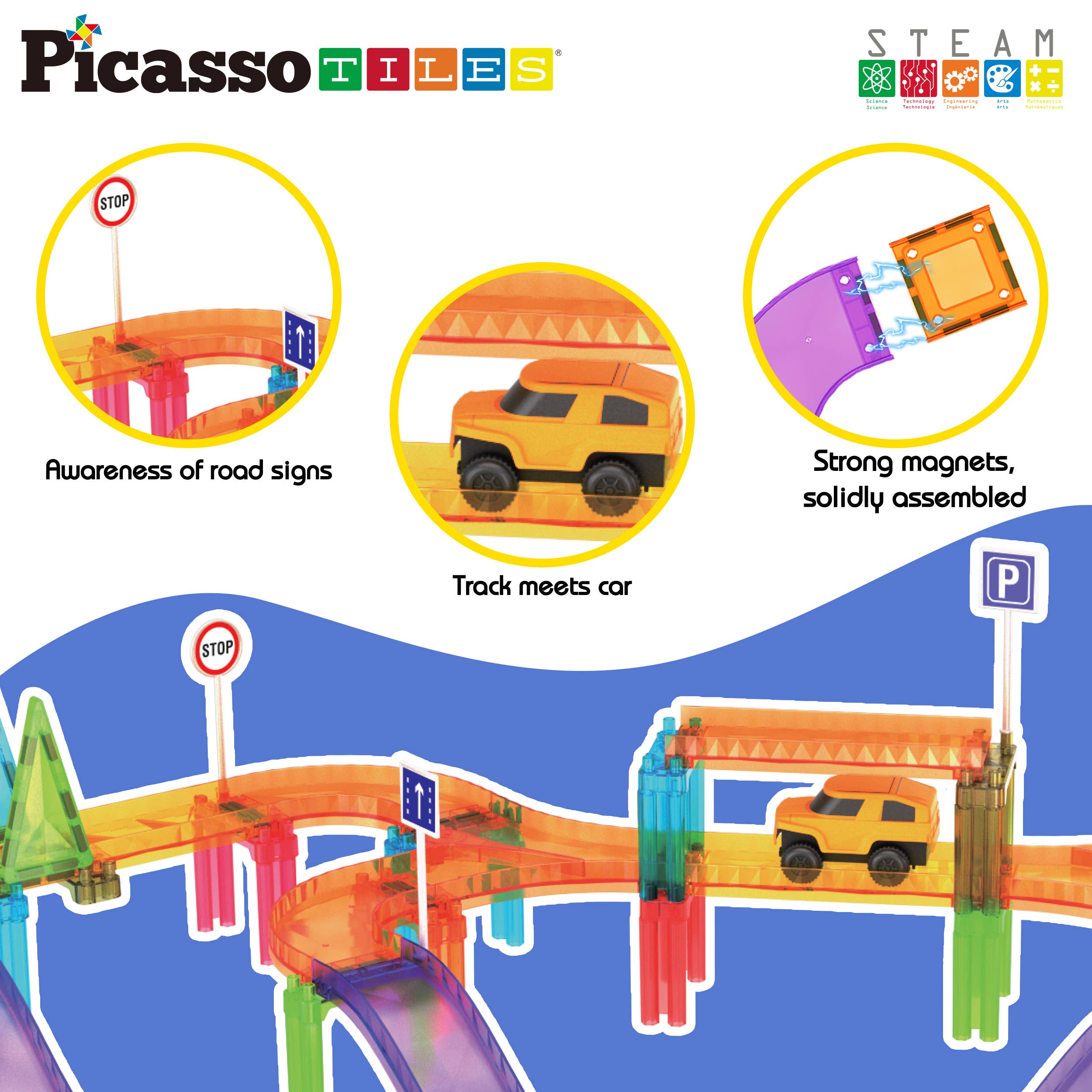 PicassoTiles - 60pc Magnet Tile Race Track Set LED Car Travel Size-PTMR60