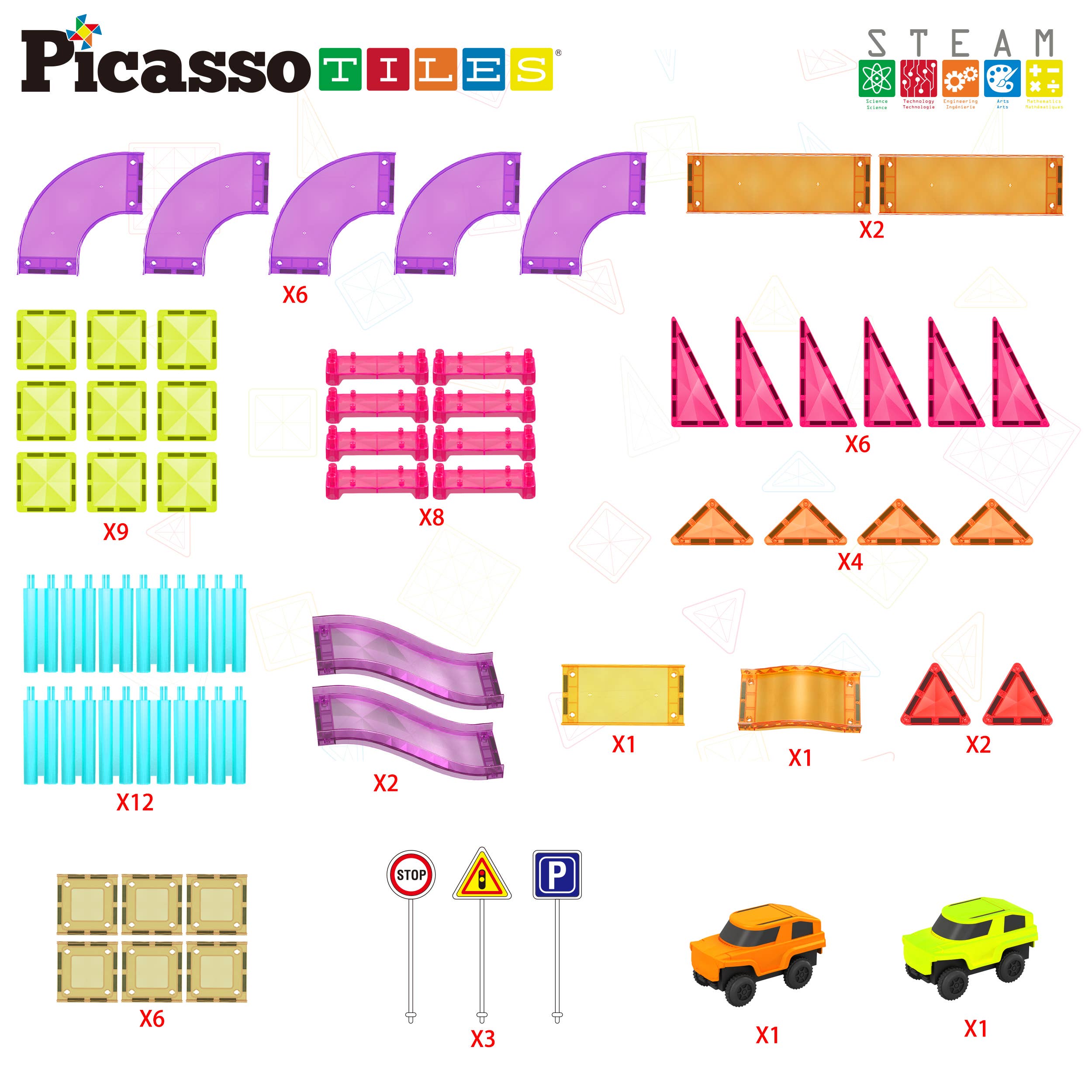 PicassoTiles - 60pc Magnet Tile Race Track Set LED Car Travel Size-PTMR60