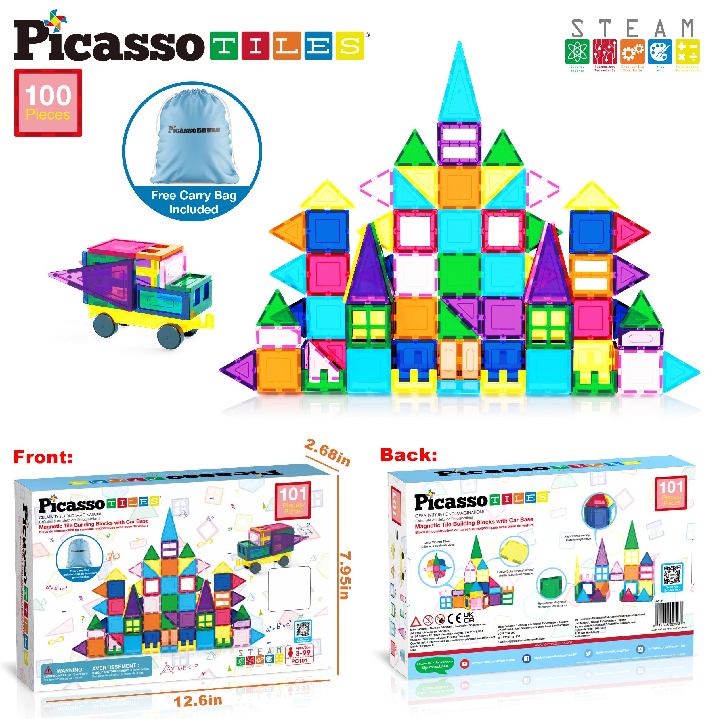 PicassoTiles - PicassoTiles 101pc Magnetic Tile Building Blocks