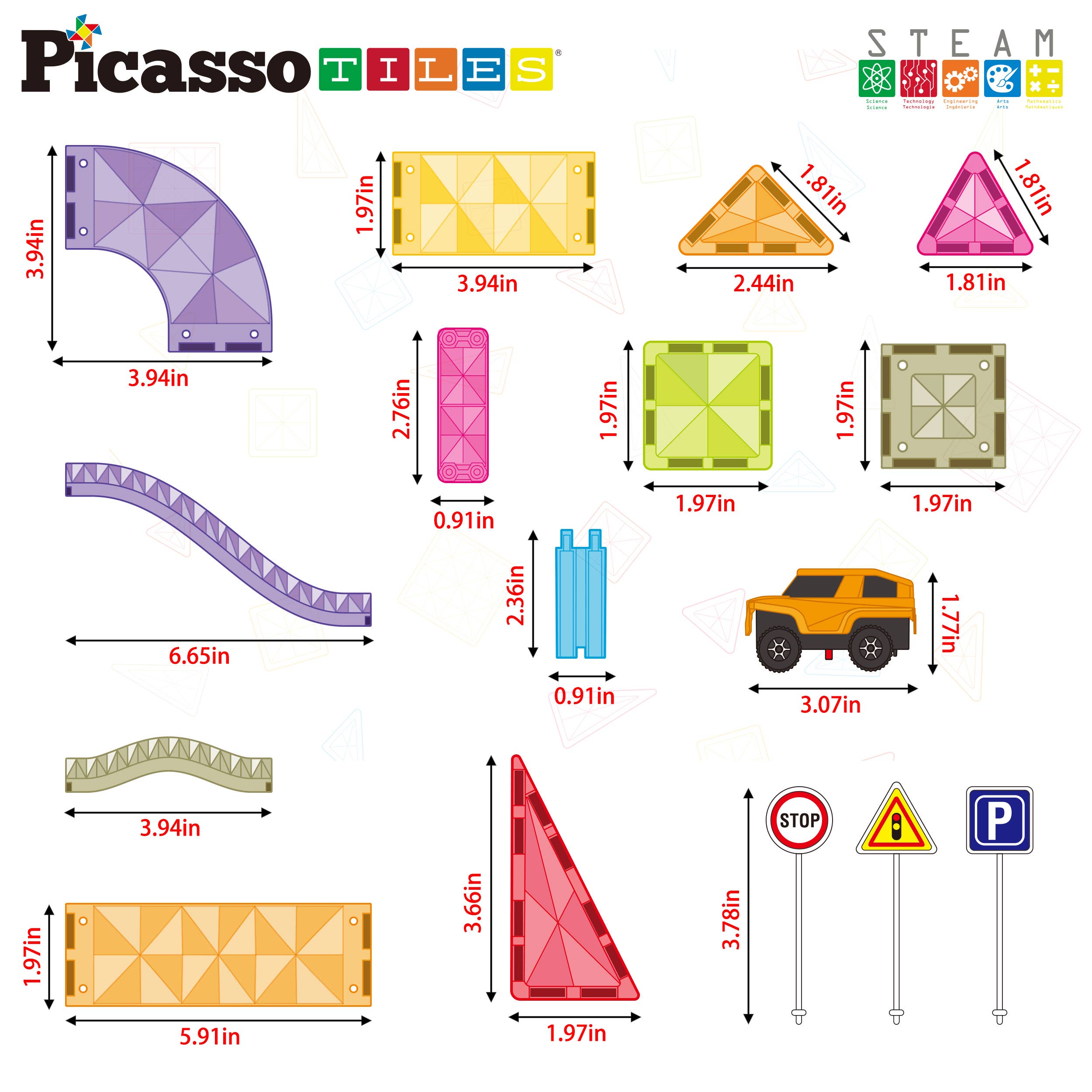 PicassoTiles - 60pc Magnet Tile Race Track Set LED Car Travel Size-PTMR60