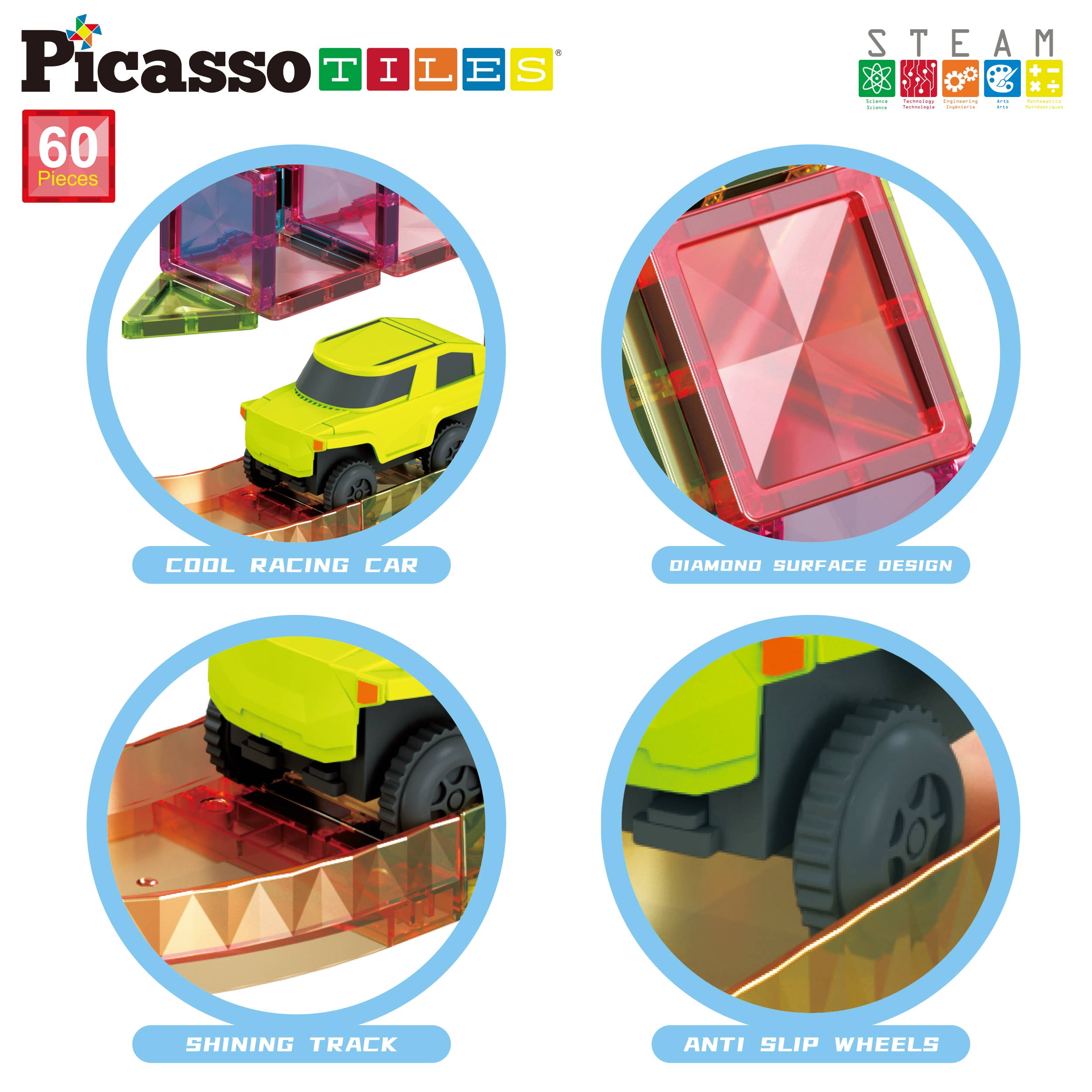 PicassoTiles - 60pc Magnet Tile Race Track Set LED Car Travel Size-PTMR60