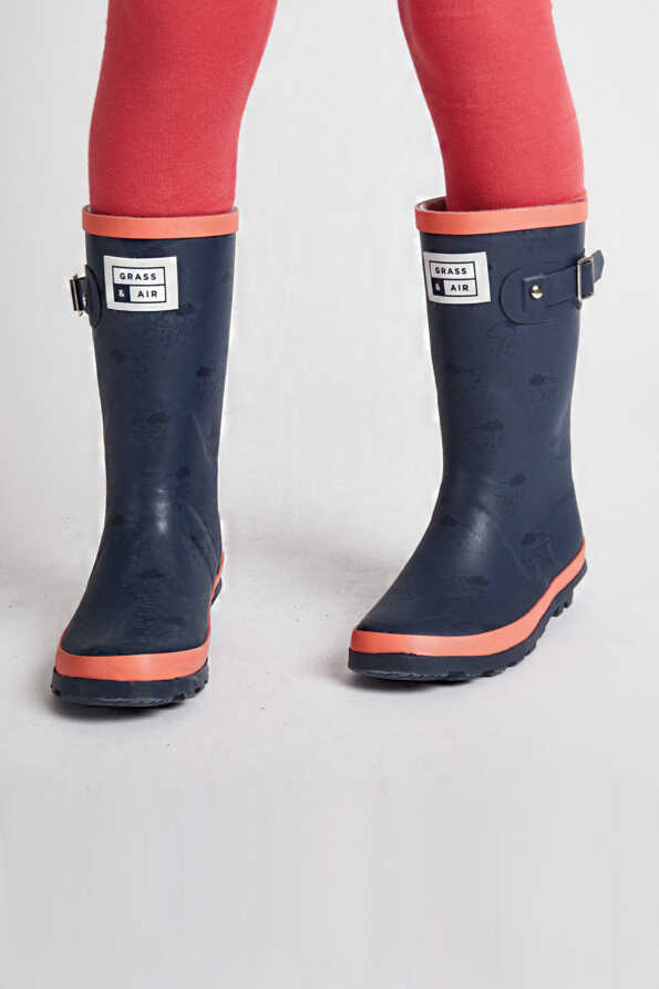 Grass & Air - Older Kids Navy & Coral Rainboots