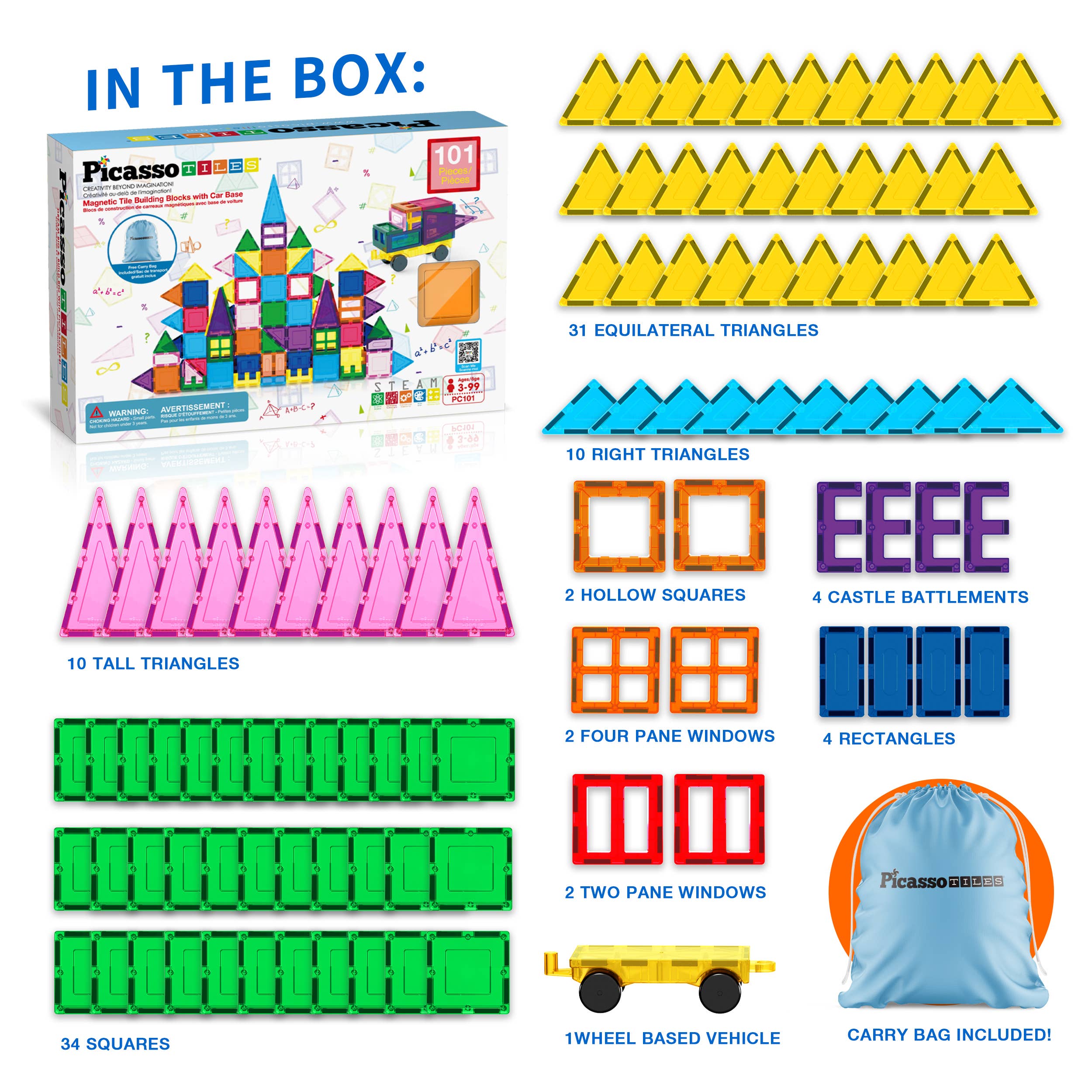 PicassoTiles - PicassoTiles 101pc Magnetic Tile Building Blocks