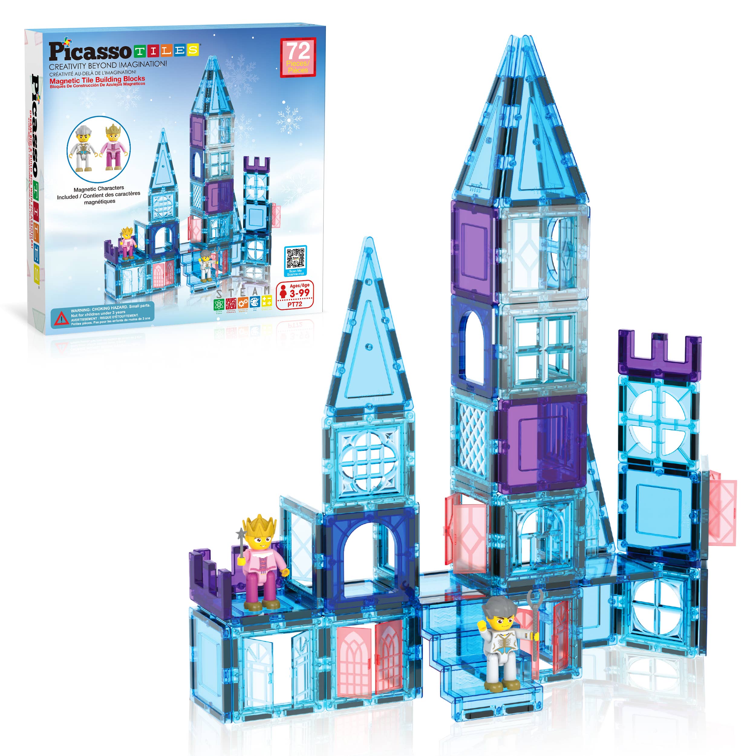 PicassoTiles - 72 Piece Magnetic Building Tiles Castle Winter Ice Theme