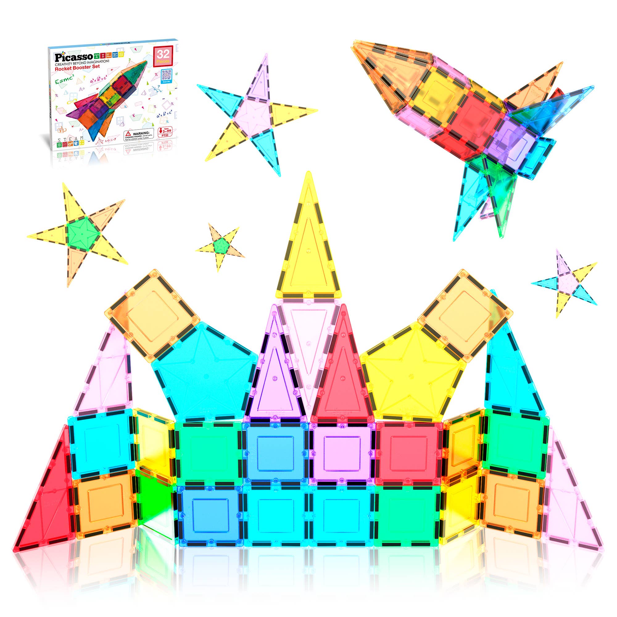 PicassoTiles - 32 Piece Magnetic Rocket Ship Toy Set