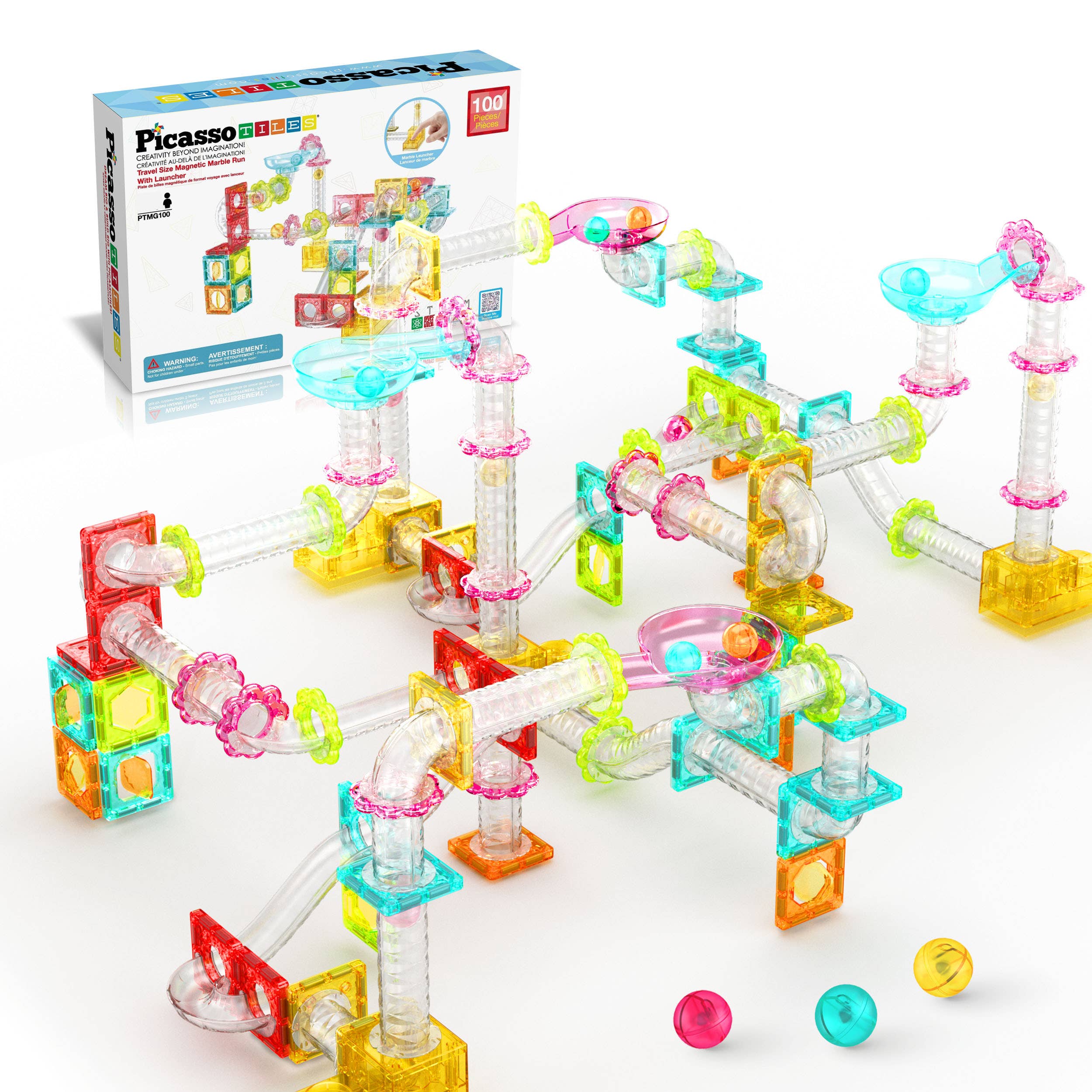 PicassoTiles - 100 Piece Magnetic Marble Run Construction Toy Set PTMG100