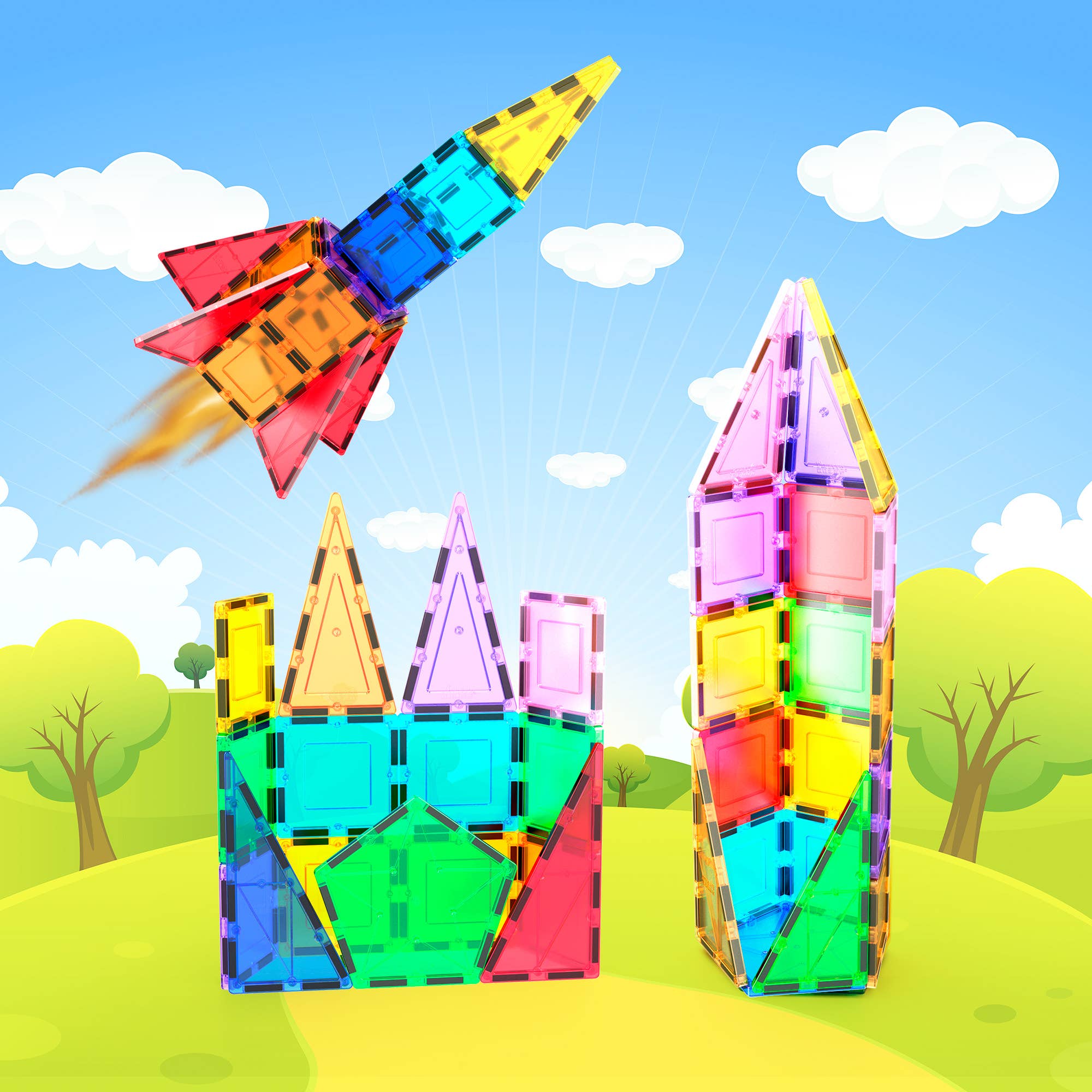 PicassoTiles - 32 Piece Magnetic Rocket Ship Toy Set