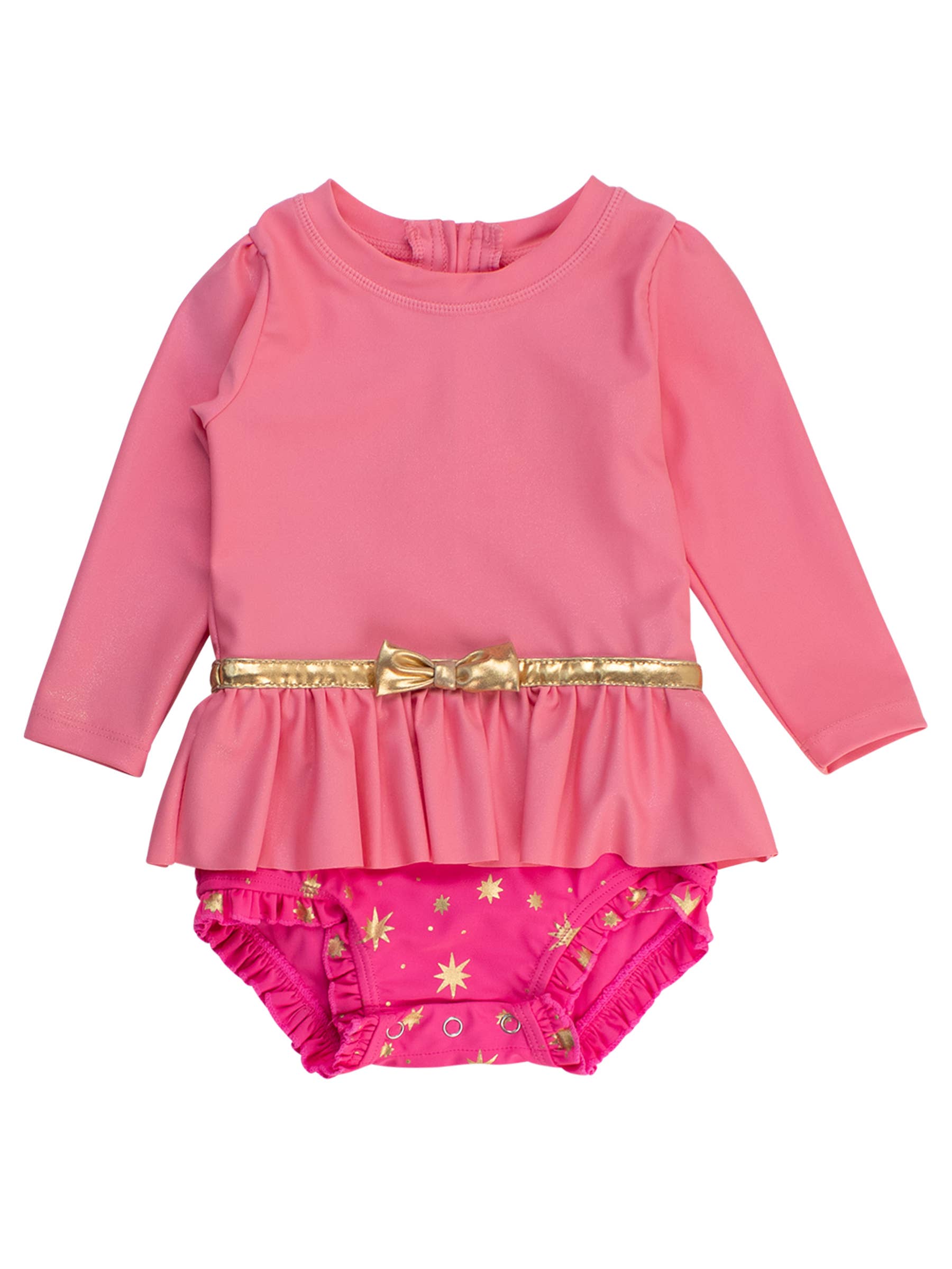 RuffleButts + RuggedButts - Girls Royal Pink Princess Long Sleeve Bow Skirted One Piece Swimsuit