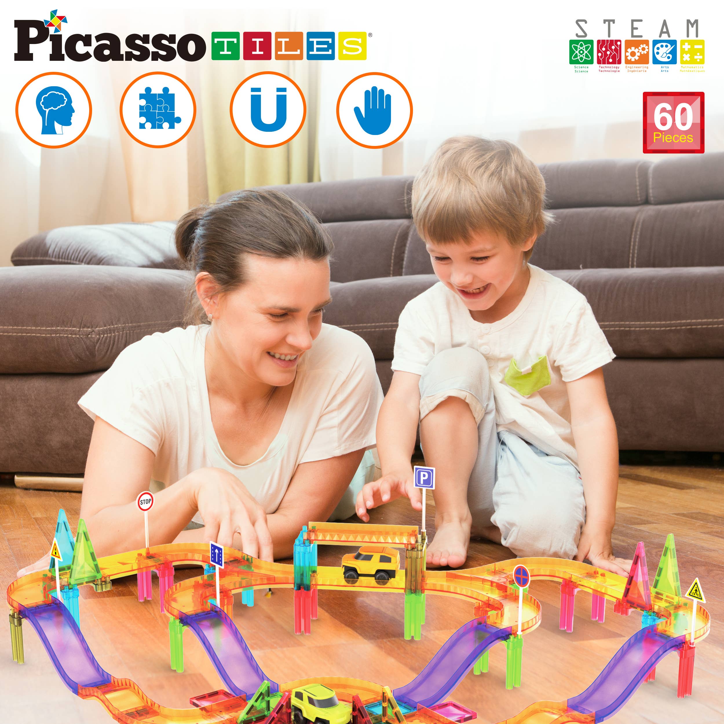 PicassoTiles - 60pc Magnet Tile Race Track Set LED Car Travel Size-PTMR60