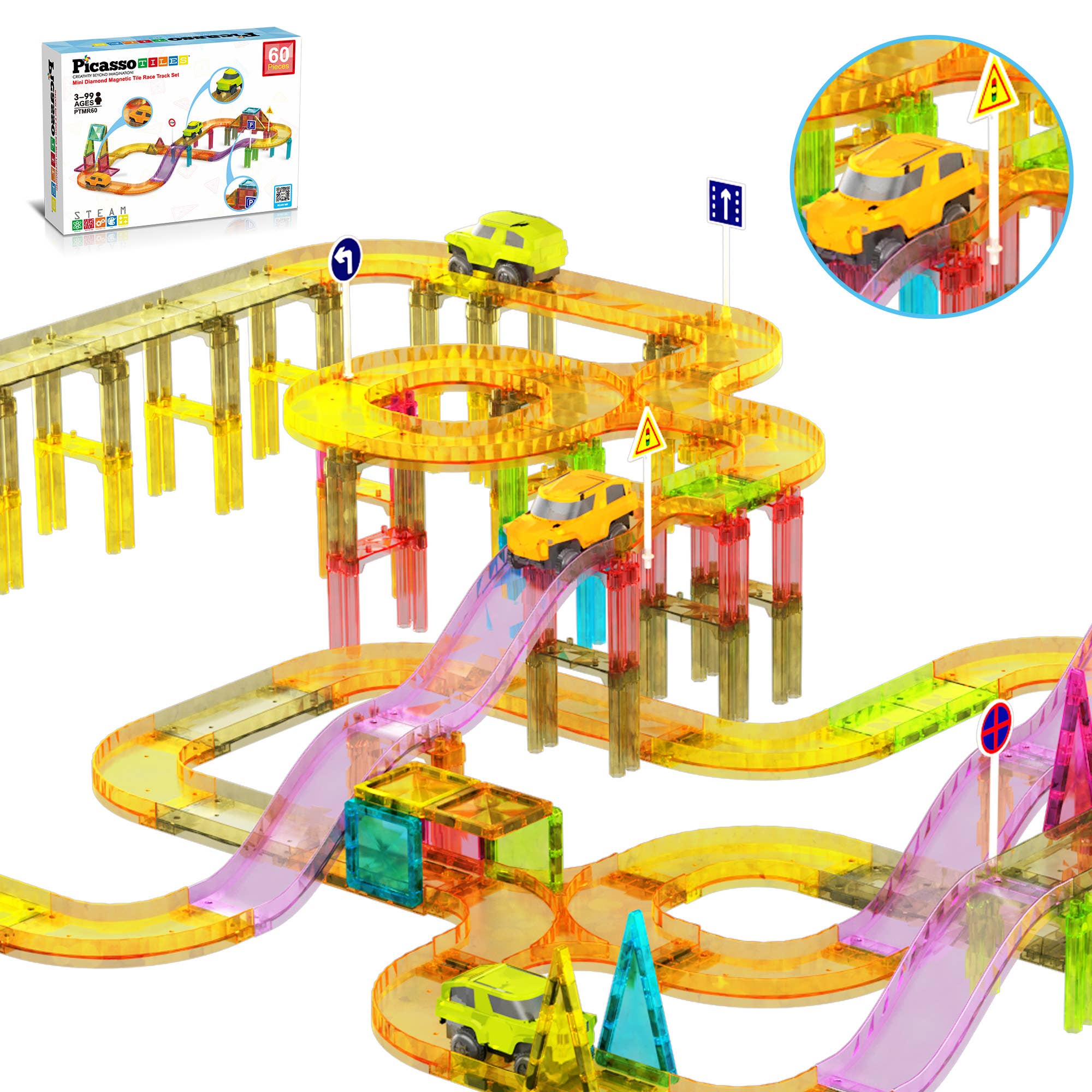 PicassoTiles - 60pc Magnet Tile Race Track Set LED Car Travel Size-PTMR60