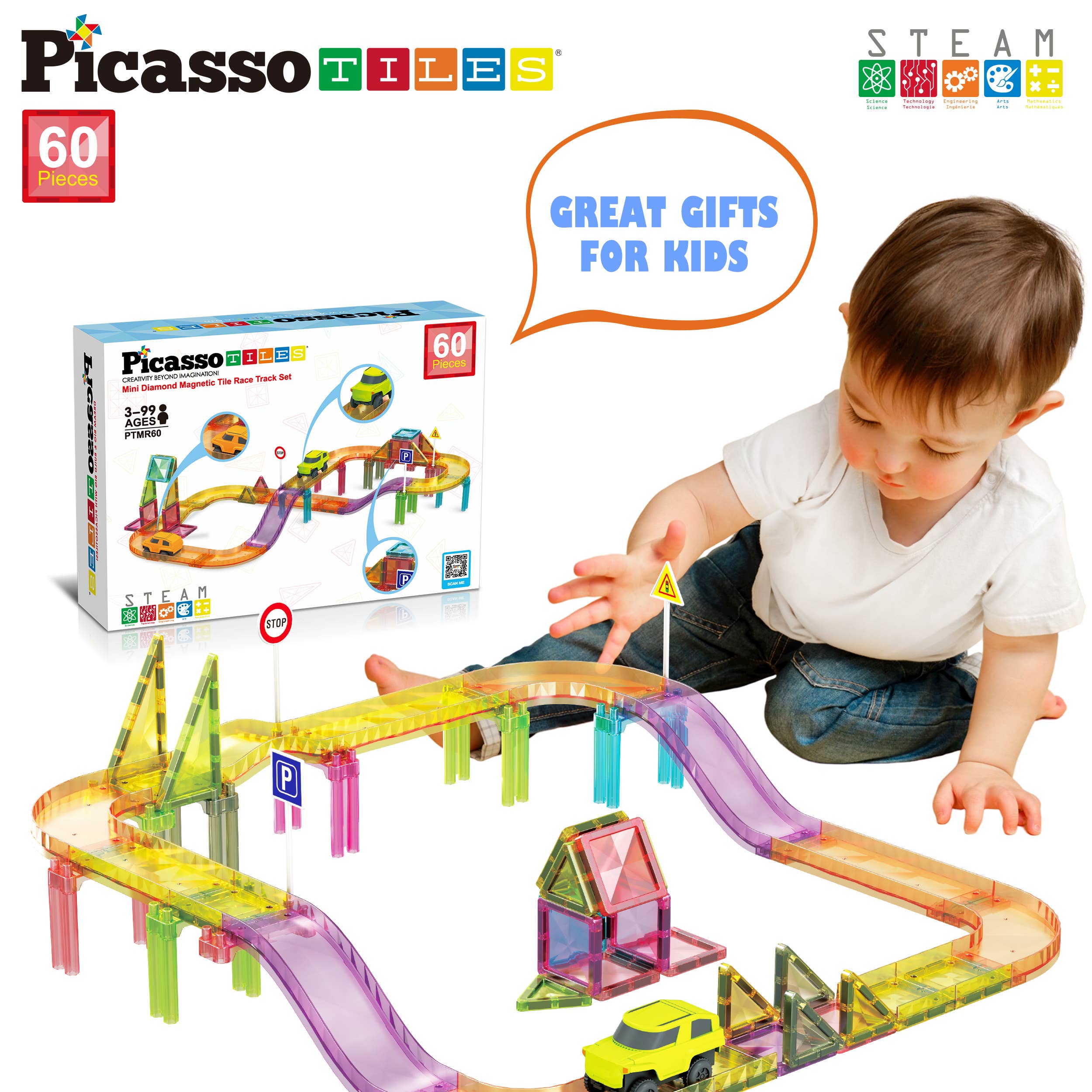 PicassoTiles - 60pc Magnet Tile Race Track Set LED Car Travel Size-PTMR60