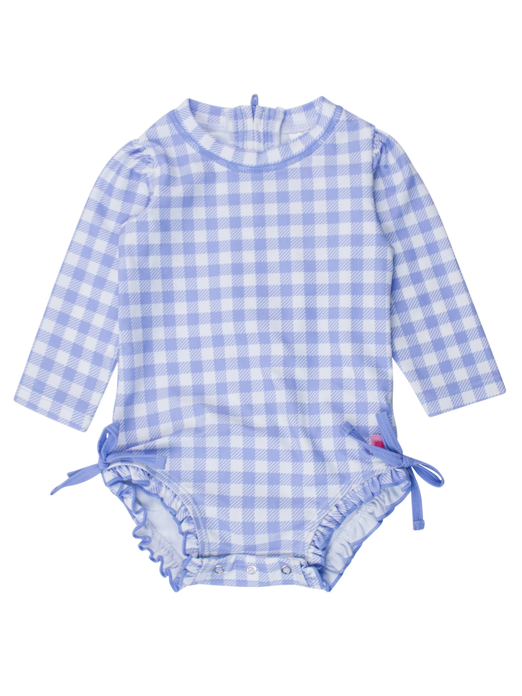 RuffleButts + RuggedButts - Baby Girls Periwinkle Blue Gingham Long Sleeve One Piece Rash Guard Swimsuit with Signature Rear Ruffles