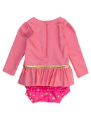 RuffleButts + RuggedButts - Girls Royal Pink Princess Long Sleeve Bow Skirted One Piece Swimsuit