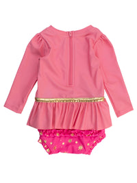 RuffleButts + RuggedButts - Girls Royal Pink Princess Long Sleeve Bow Skirted One Piece Swimsuit