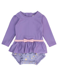 RuffleButts + RuggedButts - Girls Amethyst Princess Long Sleeve Bow Skirted One Piece Swimsuit