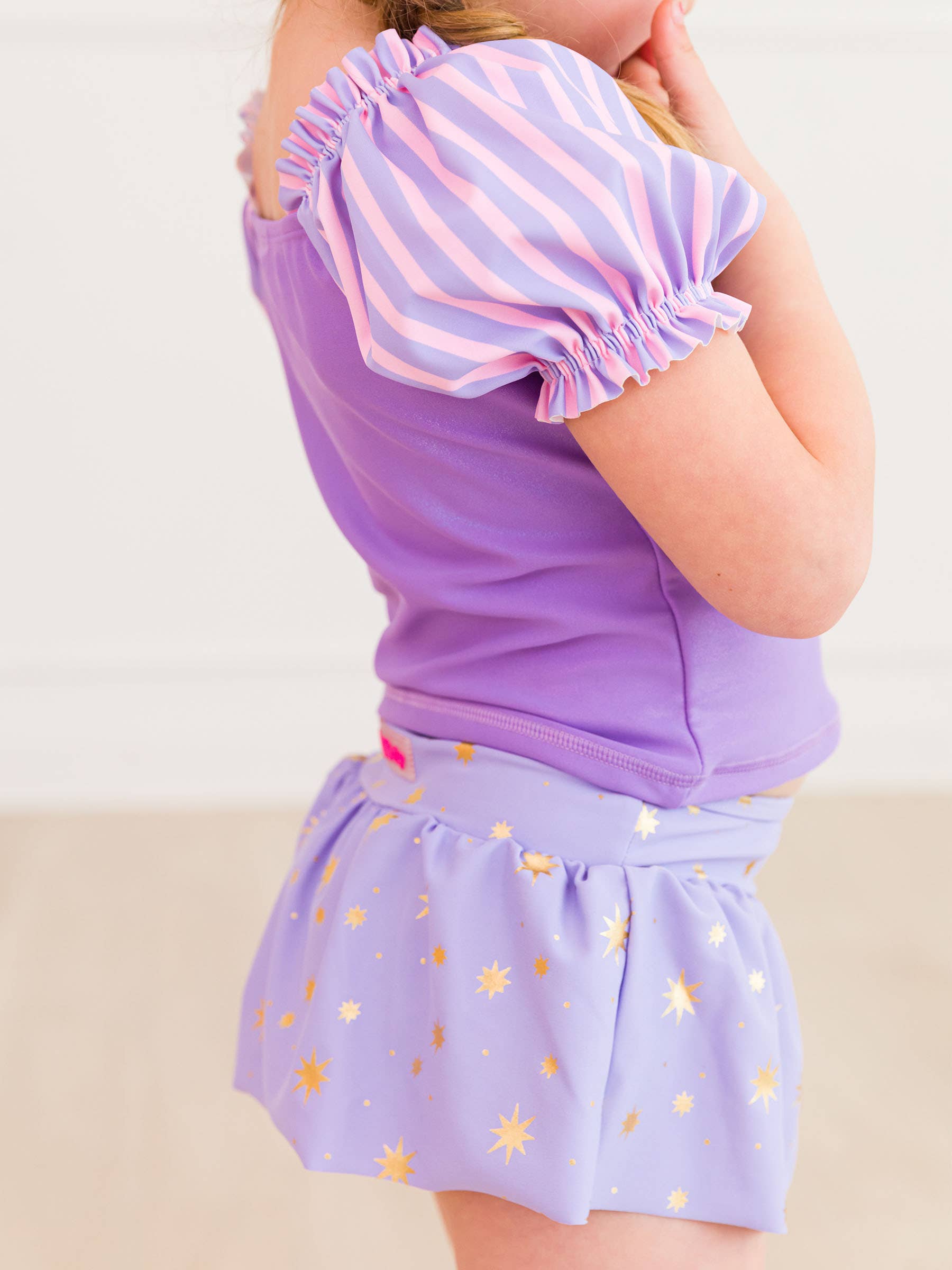 RuffleButts + RuggedButts - Girls Amethyst Princess Puff Sleeve Skirted 2-Piece Swimsuit