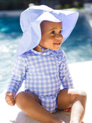 RuffleButts + RuggedButts - Baby Girls Periwinkle Blue Gingham Long Sleeve One Piece Rash Guard Swimsuit with Signature Rear Ruffles