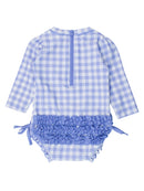RuffleButts + RuggedButts - Baby Girls Periwinkle Blue Gingham Long Sleeve One Piece Rash Guard Swimsuit with Signature Rear Ruffles