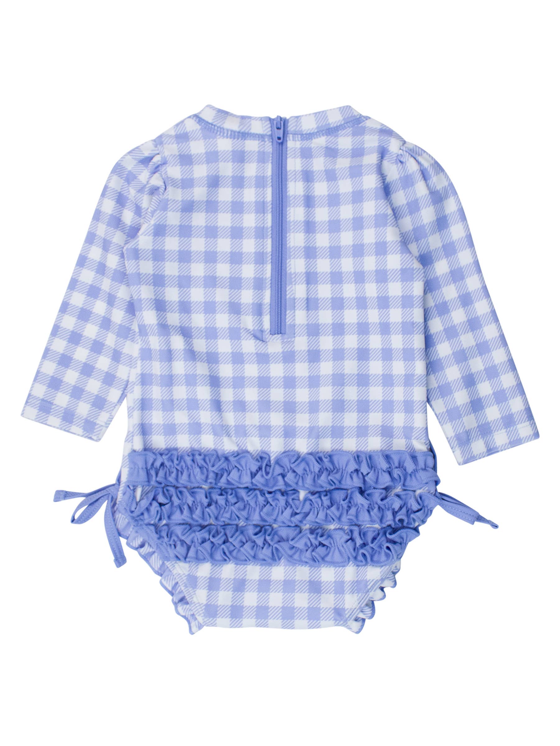 RuffleButts + RuggedButts - Baby Girls Periwinkle Blue Gingham Long Sleeve One Piece Rash Guard Swimsuit with Signature Rear Ruffles