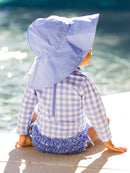 RuffleButts + RuggedButts - Baby Girls Periwinkle Blue Gingham Long Sleeve One Piece Rash Guard Swimsuit with Signature Rear Ruffles