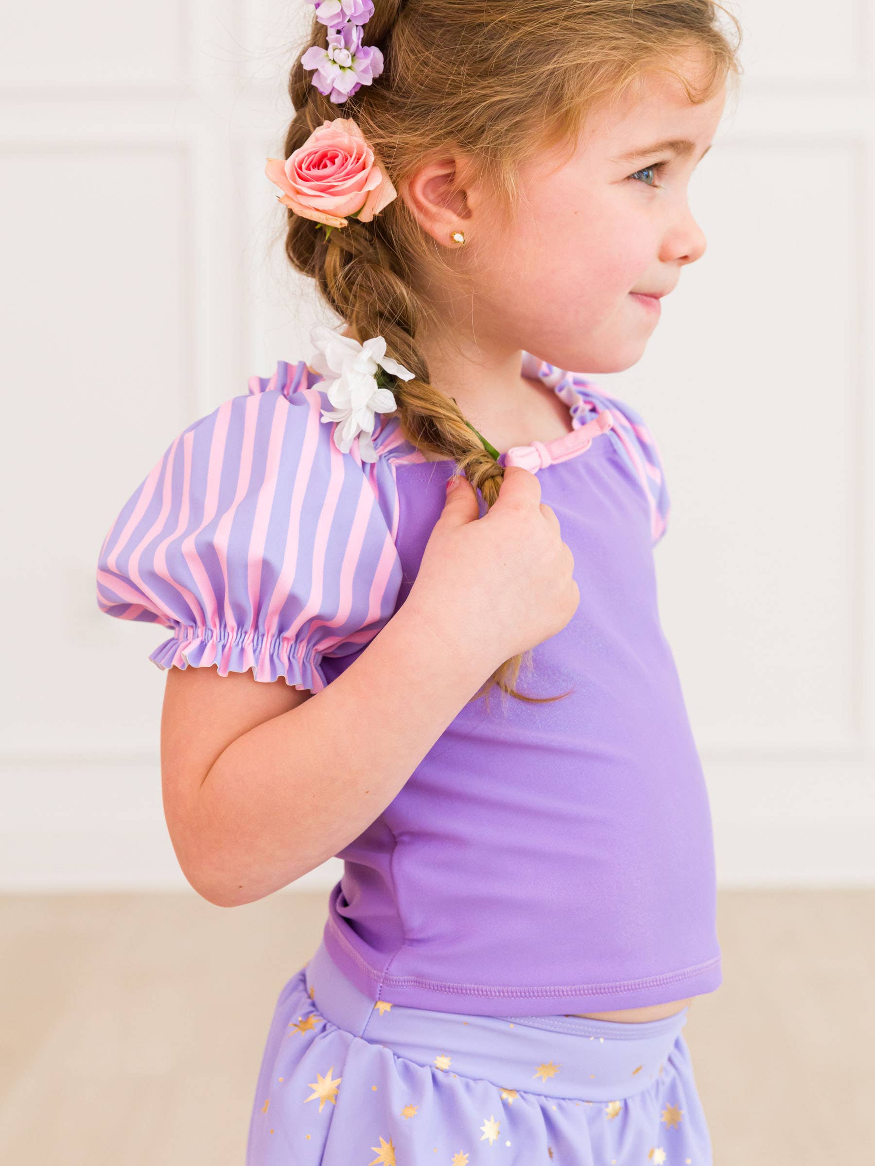 RuffleButts + RuggedButts - Girls Amethyst Princess Puff Sleeve Skirted 2-Piece Swimsuit