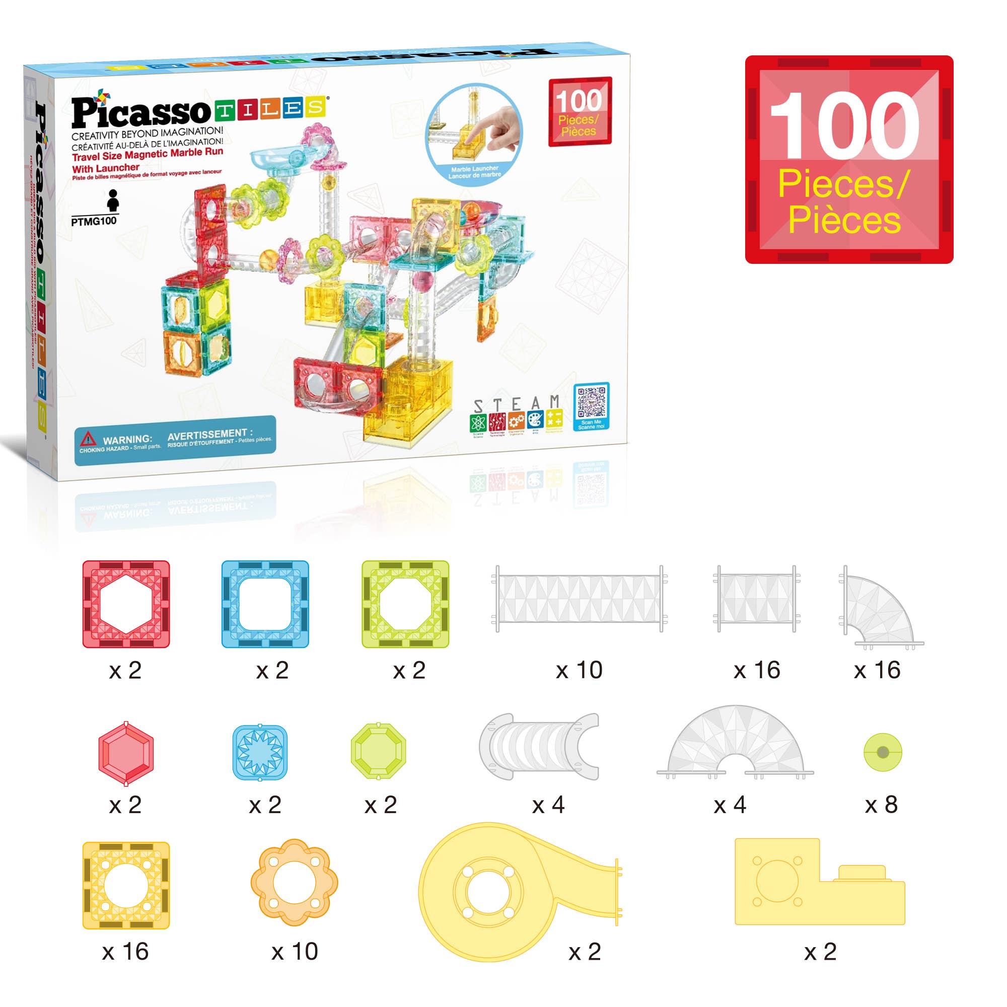 PicassoTiles - 100 Piece Magnetic Marble Run Construction Toy Set PTMG100