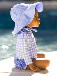RuffleButts + RuggedButts - Baby Girls Periwinkle Blue Gingham Long Sleeve One Piece Rash Guard Swimsuit with Signature Rear Ruffles