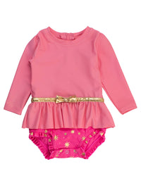 RuffleButts + RuggedButts - Girls Royal Pink Princess Long Sleeve Bow Skirted One Piece Swimsuit