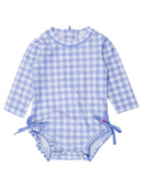 RuffleButts + RuggedButts - Baby Girls Periwinkle Blue Gingham Long Sleeve One Piece Rash Guard Swimsuit with Signature Rear Ruffles