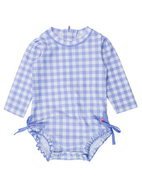 RuffleButts + RuggedButts - Baby Girls Periwinkle Blue Gingham Long Sleeve One Piece Rash Guard Swimsuit with Signature Rear Ruffles