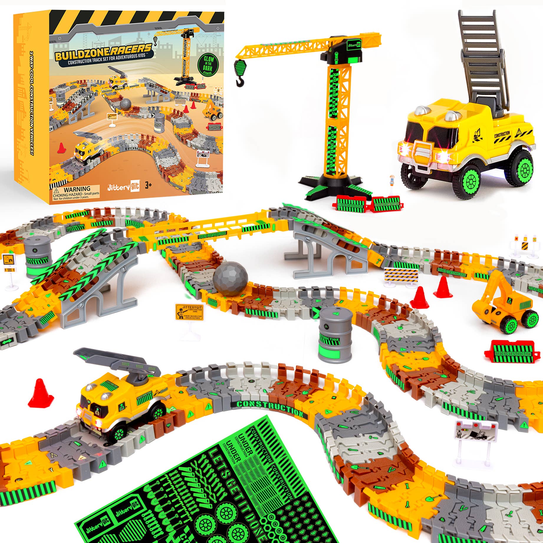 JitteryGit - Construction Toy Track Car Set - STEM Glow in the Dark Toys
