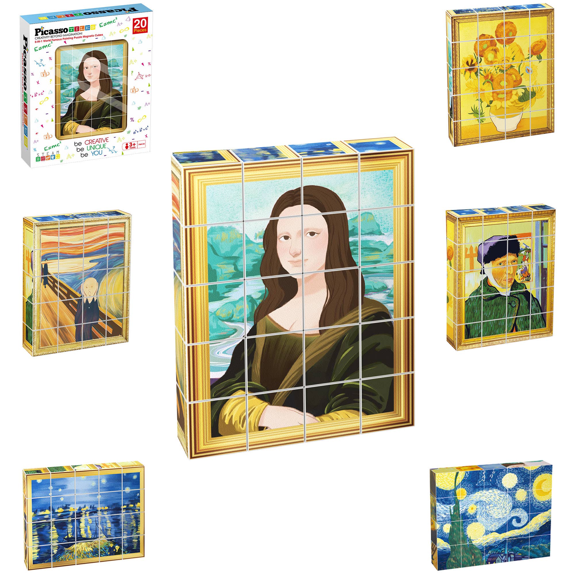 PicassoTiles - 1" Magnetic Puzzle Cubes World Famous Paintings - 20pcs