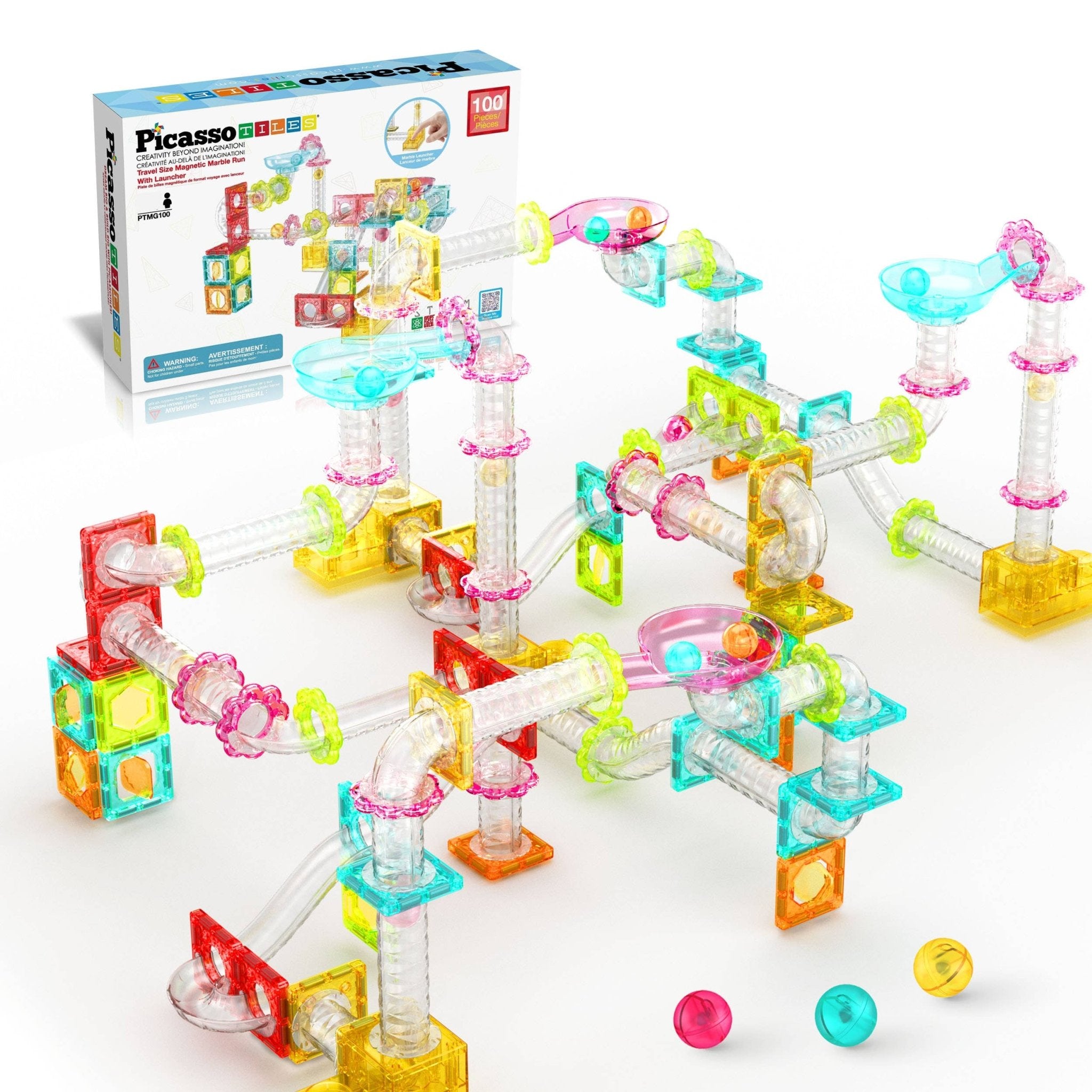 PicassoTiles - 100 Piece Magnetic Marble Run Construction Toy Set PTMG100