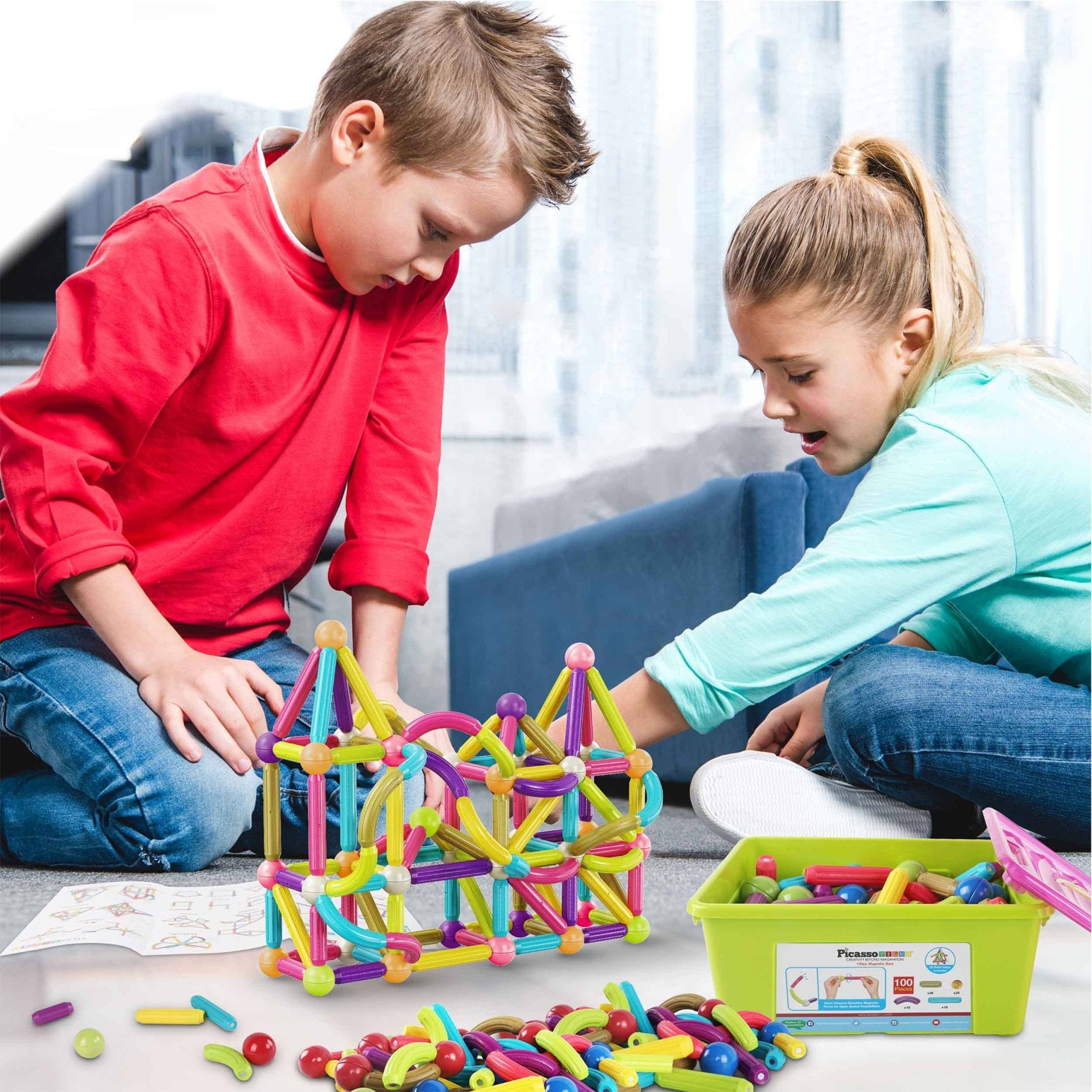 PicassoTiles - 100 Piece Magnetic Stick Stacking Construction