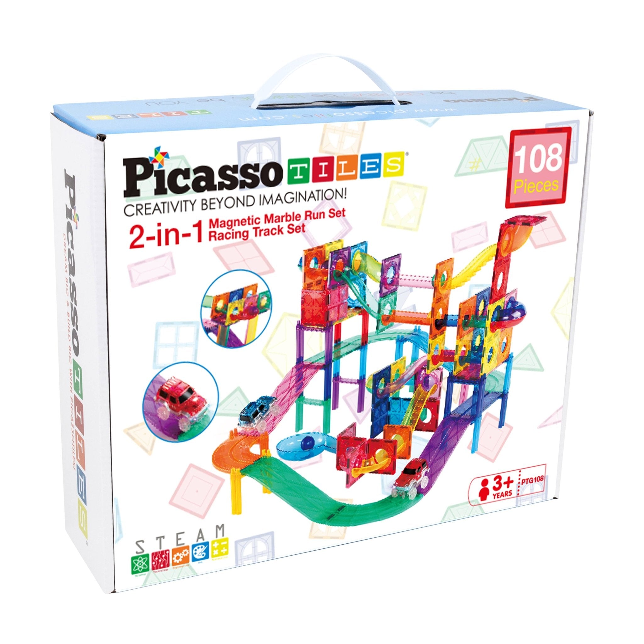 PicassoTiles - 108pc 2-in-1 Magnetic Marble Run Set & Racing Track Set