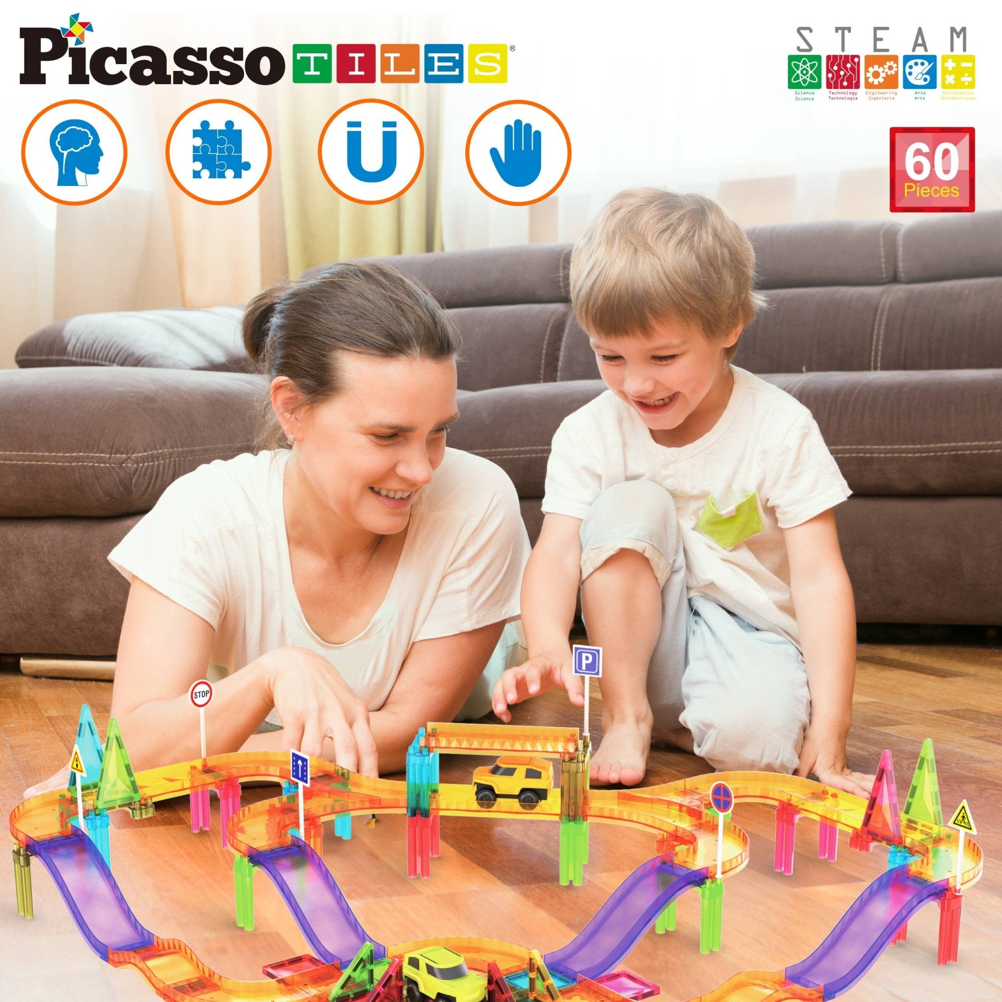 PicassoTiles - 60pc Magnet Tile Race Track Set LED Car Travel Size-PTMR60 - Little Stars Toy Store & PlayhousePicassoTiles