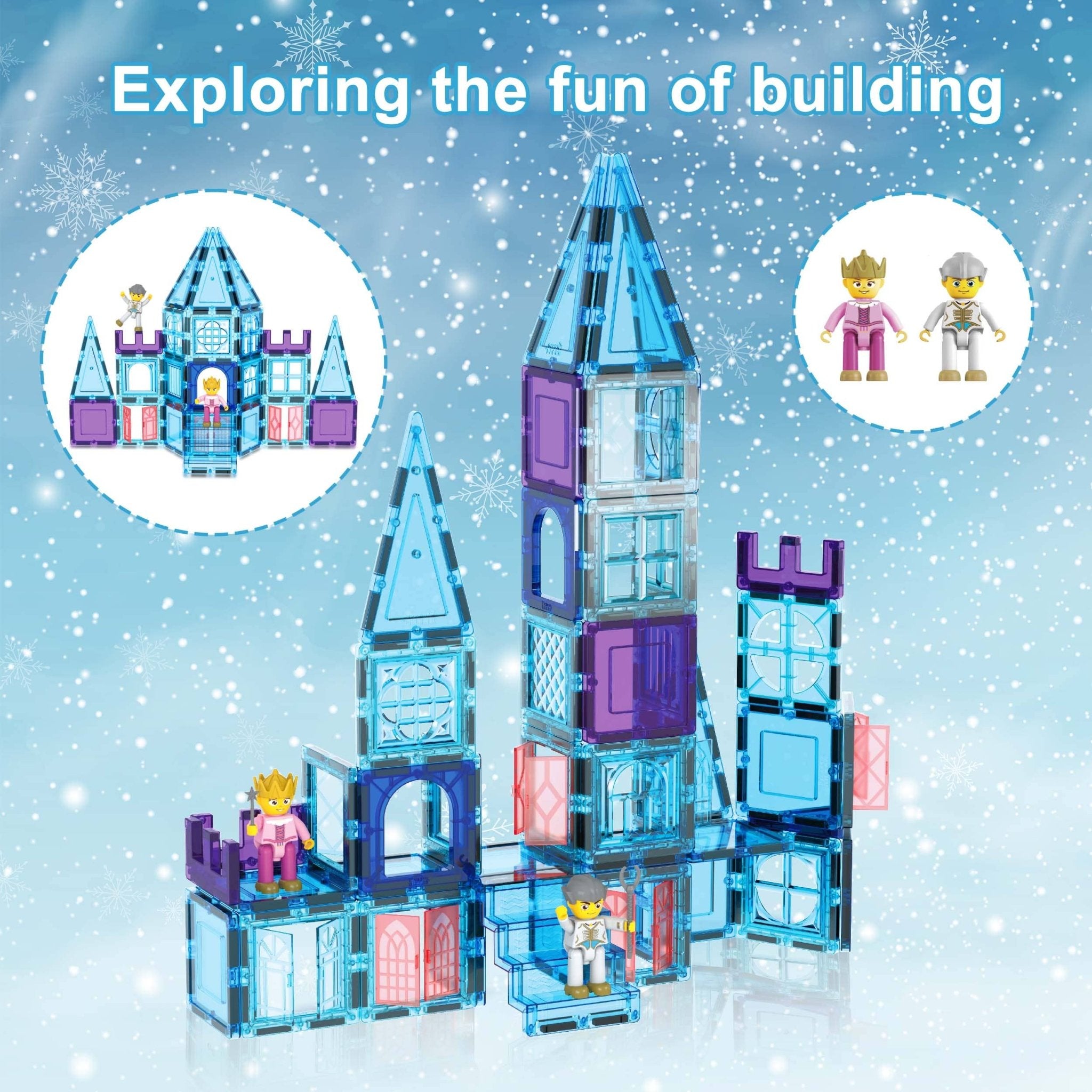 PicassoTiles - 72 Piece Magnetic Building Tiles Castle Winter Ice Theme