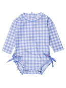 RuffleButts + RuggedButts - Baby Girls Periwinkle Blue Gingham Long Sleeve One Piece Rash Guard Swimsuit with Signature Rear Ruffles - Little Stars Toy Store & PlayhouseRuffleButts + RuggedButts