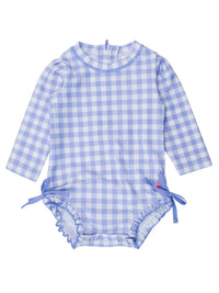 RuffleButts + RuggedButts - Baby Girls Periwinkle Blue Gingham Long Sleeve One Piece Rash Guard Swimsuit with Signature Rear Ruffles - Little Stars Toy Store & PlayhouseRuffleButts + RuggedButts